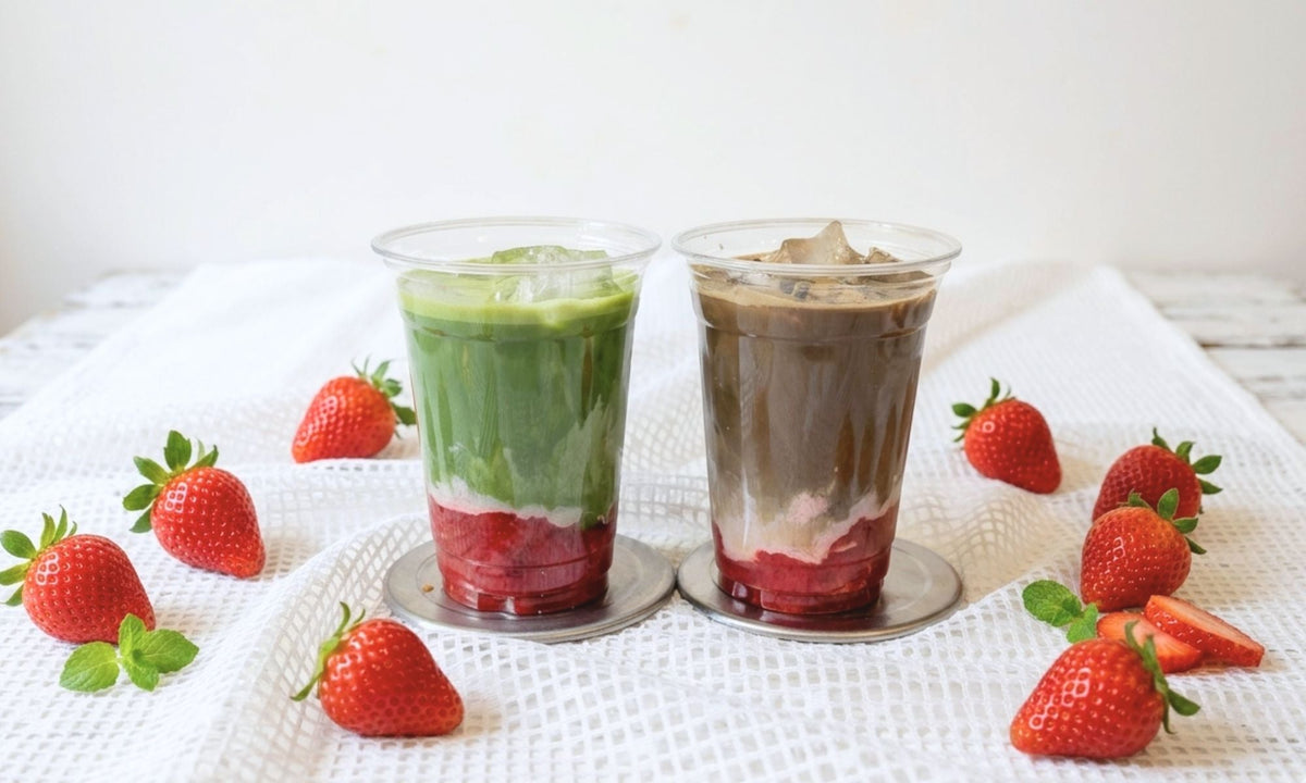 Strawberry matcha latte & strawberry hojicha latte