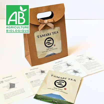 Coffret decouverte de matcha et sencha bio Tamaki Tea, avec sachets de the vert japonais et livret explicatif