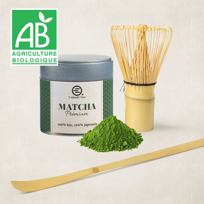 Matcha premium japonais Tamaki Tea avec poudre de matcha, chasen et chashaku en bambou