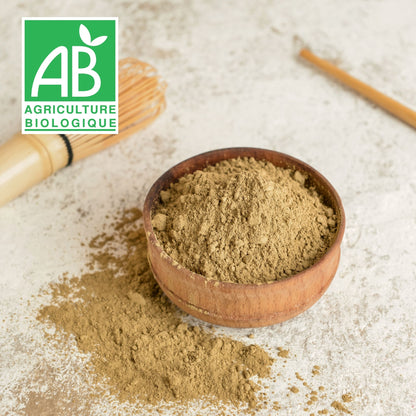 Poudre de hojicha japonais bio certifiée Agriculture Biologique, présentée