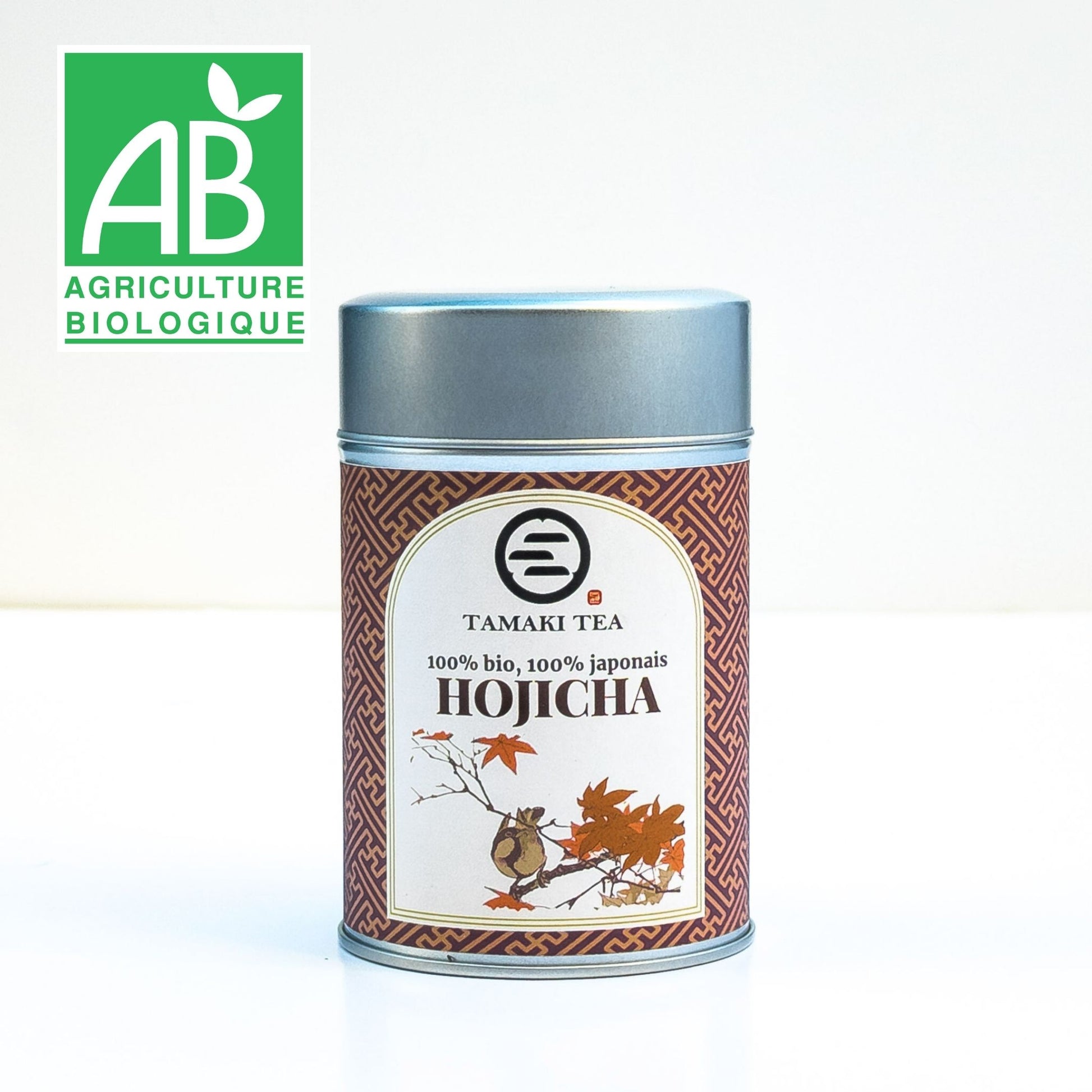 Boîte de hojicha japonais bio certifié Agriculture Biologique TAMAKI TEA, thé vert torréfié 100% japonais