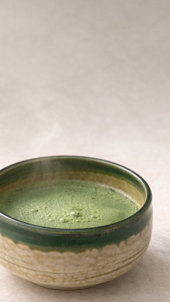 Bol de matcha japonais à la surface mousseuse, posé sur un fond clair et épuré.