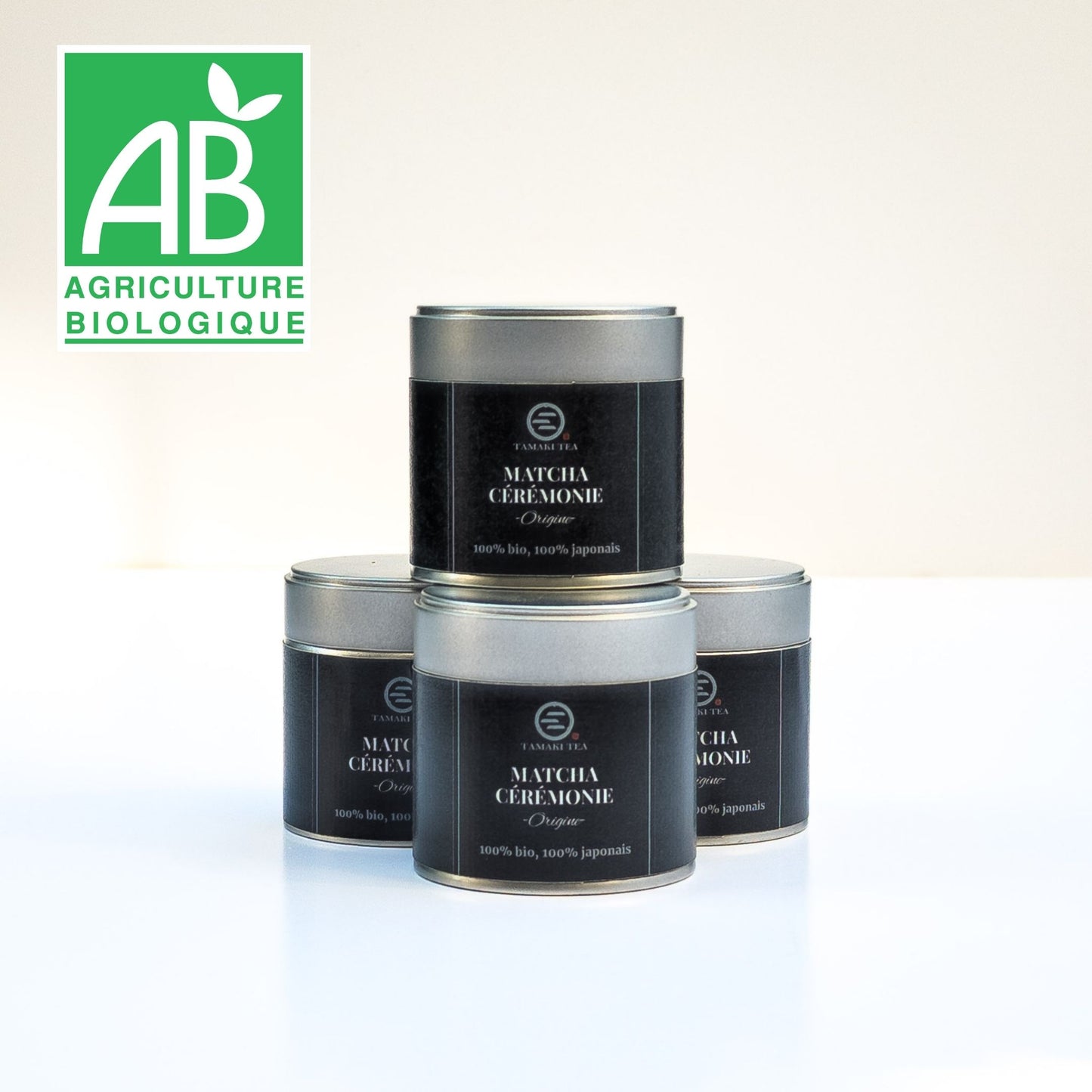 Boites de matcha ceremonie bio Tamaki Tea, certifiees agriculture biologique