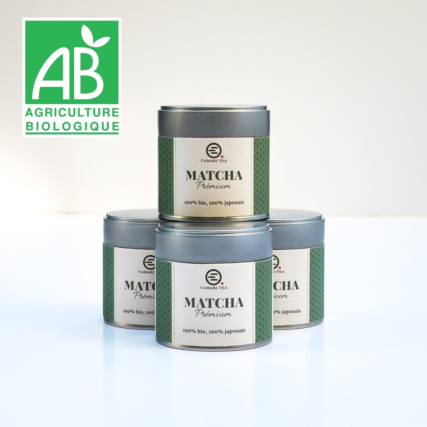Boites de matcha premium bio Tamaki Tea, certifiees agriculture biologique